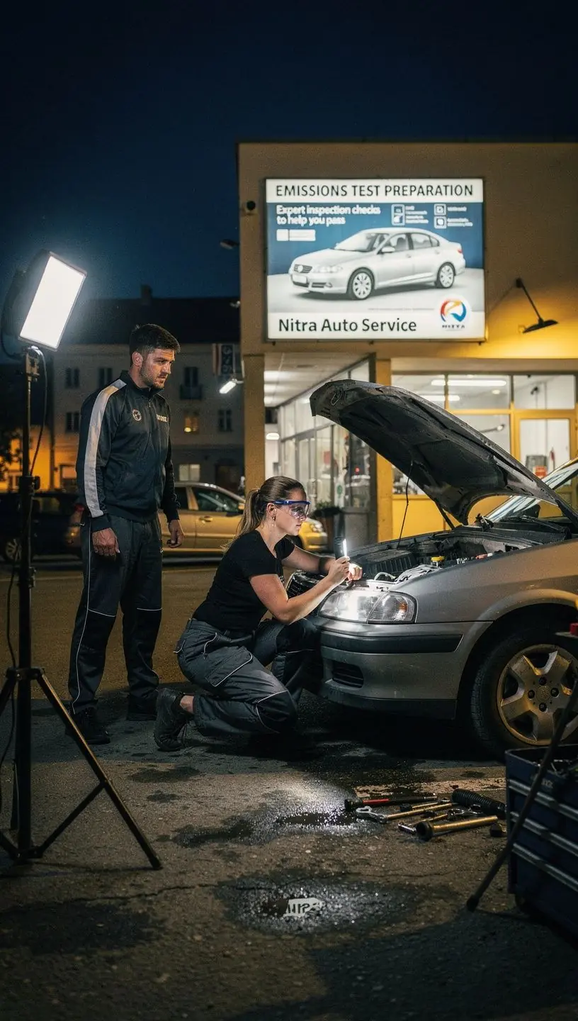 Technik v dielni opravuje výfukový systém vozidla pred emisnou kontrolou.