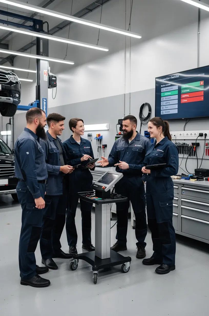 Zamestnanec autoservisu s kontrolným zoznamom pri preverovaní stavu svetlometov vozidla.
